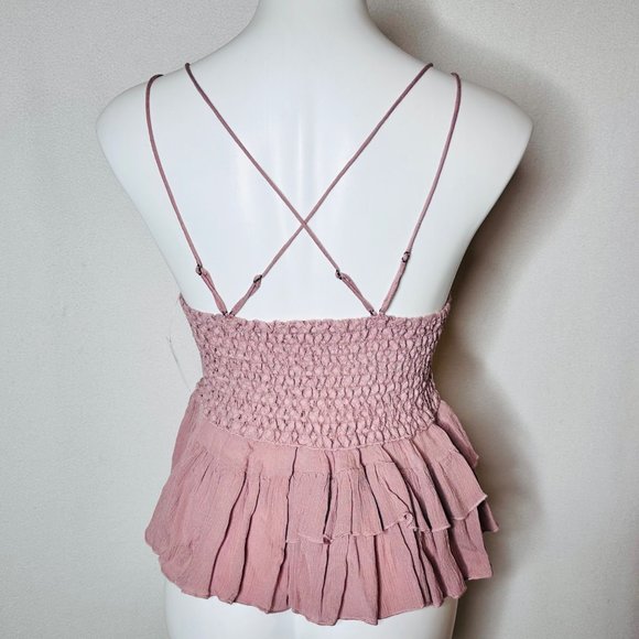 Free People Adella Dusty Mauve Boho Lace Smocked Strappy Cami - Size L - NWT - Picture 8 of 13